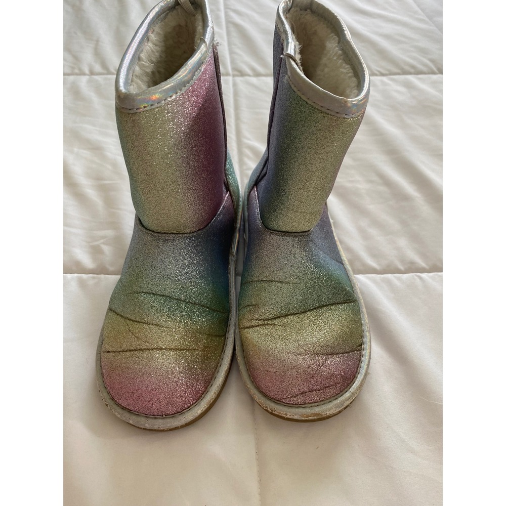 The Childrens Place Glitter Boots Kids Size 1 Rainbow Ombre Faux Fur Sparkle